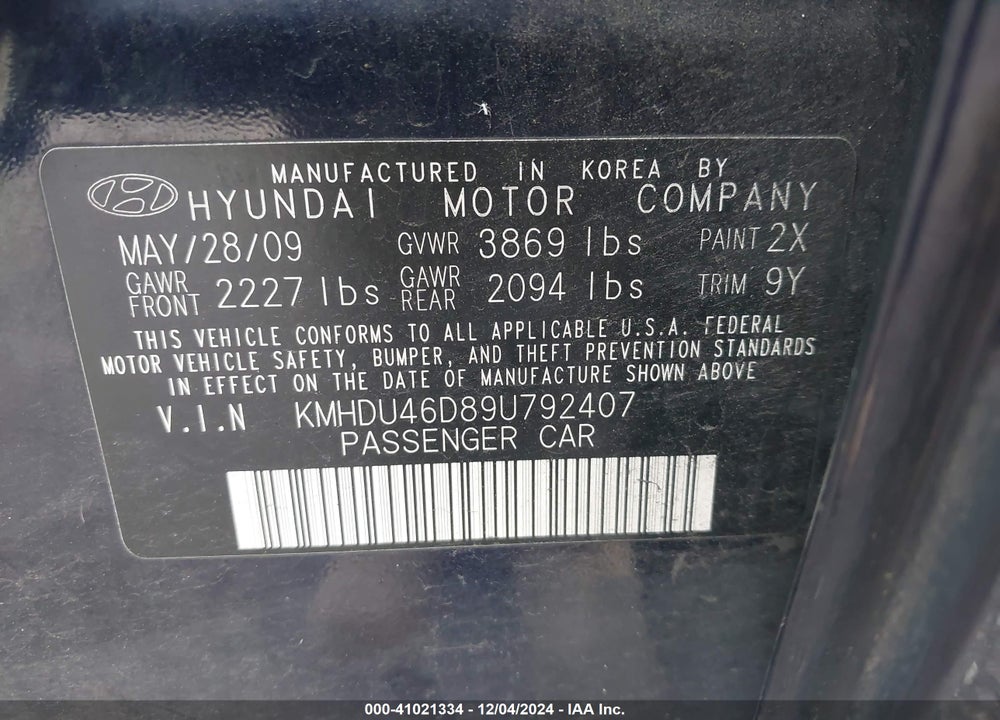 2009 HYUNDAI ELANTRA GLS VIN: KMHDU46D89U792407