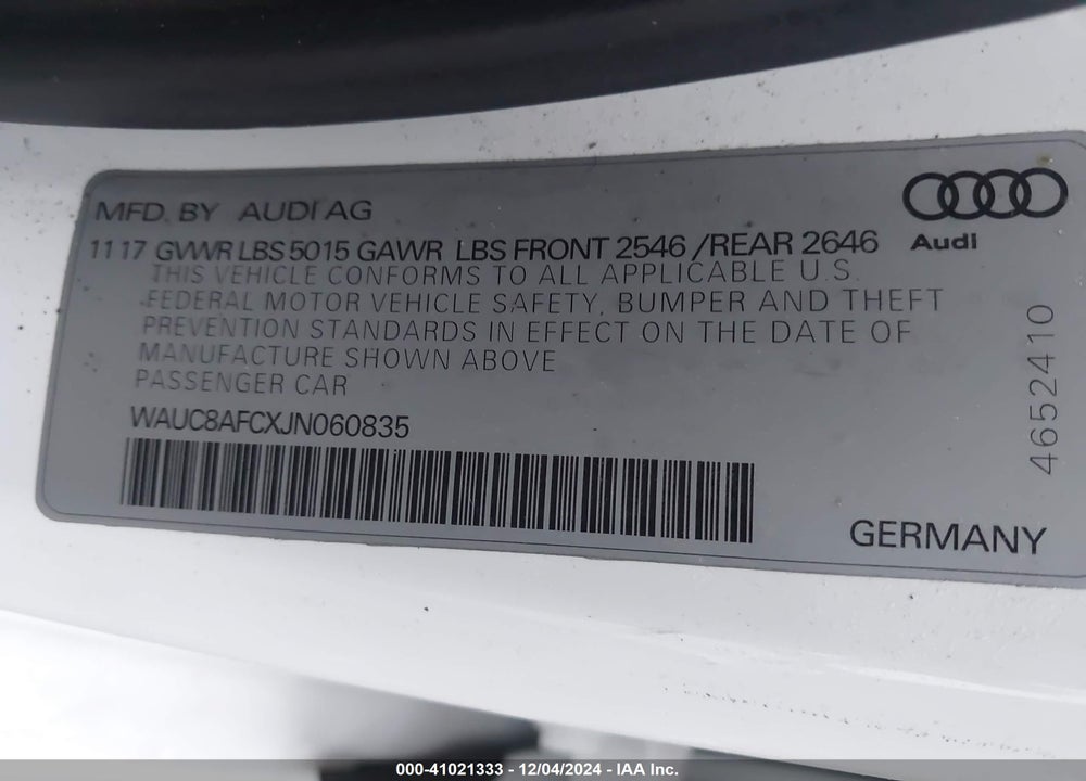 2018 AUDI A6 VIN: WAUC8AFCXJN060835