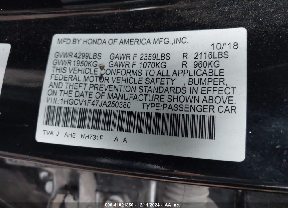 2018 HONDA ACCORD VIN: 1HGCV1F47JA250380