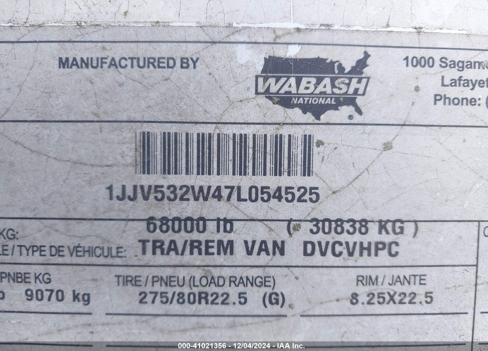 2007 WABASH NATIONAL CORP --- VIN: 1JJV532W47L054525