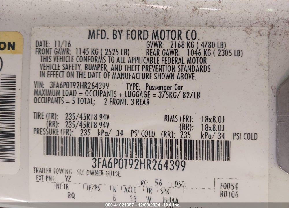 2017 FORD FUSION SE VIN: 3FA6P0T92HR264399