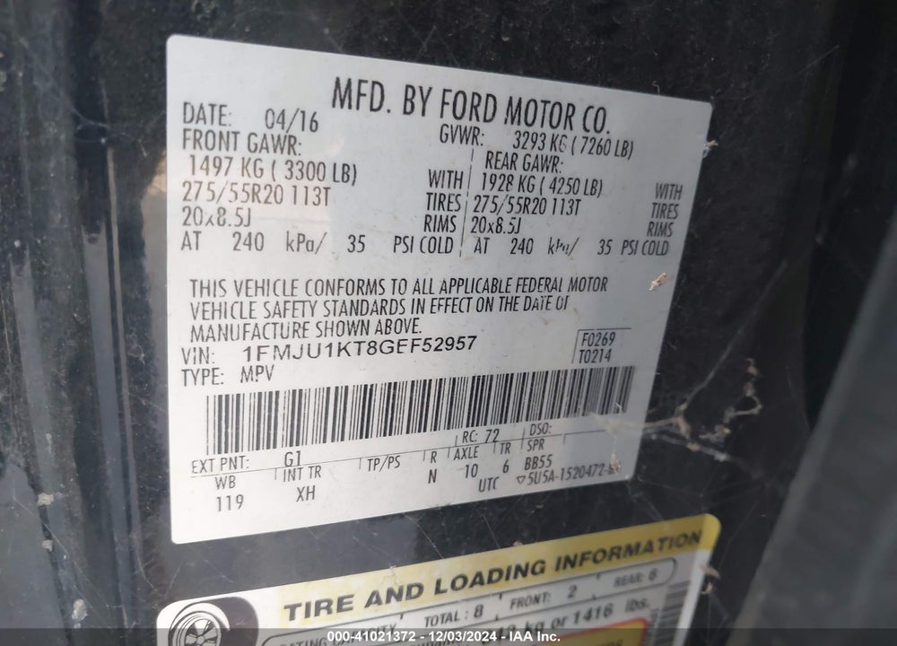 2016 FORD EXPEDITION LIMITED VIN: 1FMJU1KT8GEF52957