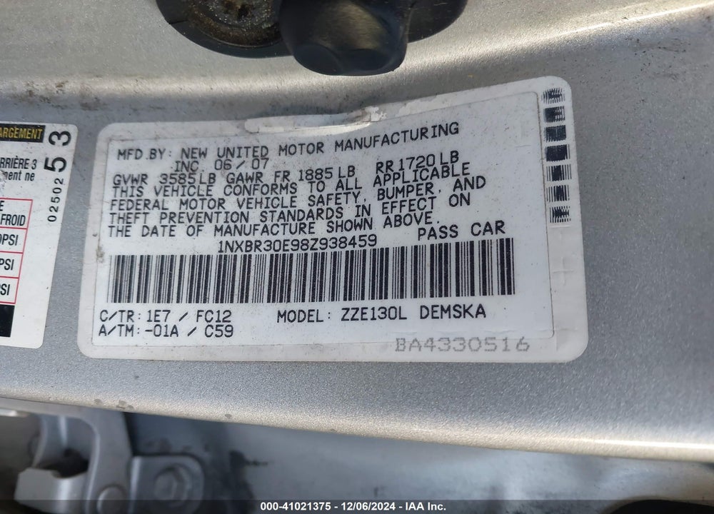 2008 TOYOTA COROLLA S VIN: 1NXBR30E98Z938459