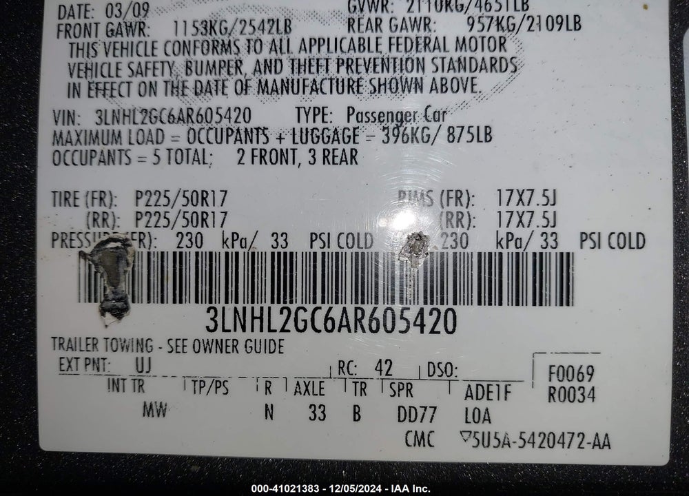 2010 LINCOLN MKZ VIN: 3LNHL2GC6AR605420