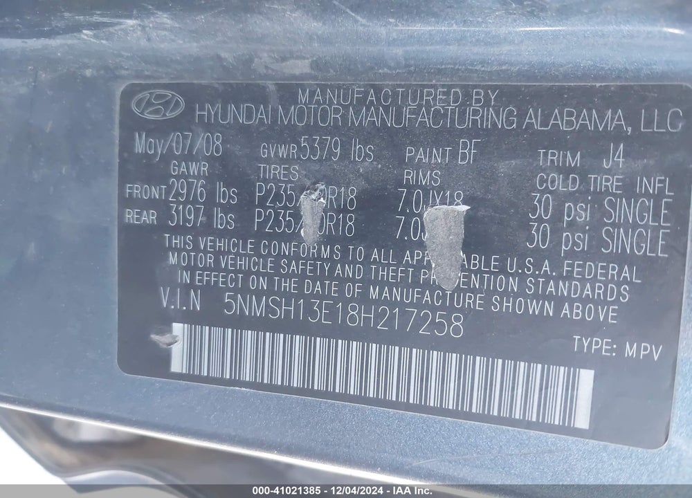 2008 HYUNDAI SANTA FE LIMITED/SE VIN: 5NMSH13E18H217258