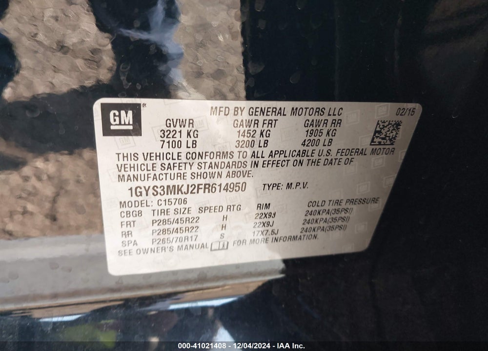 2015 CADILLAC ESCALADE LUXURY VIN: 1GYS3MKJ2FR614950