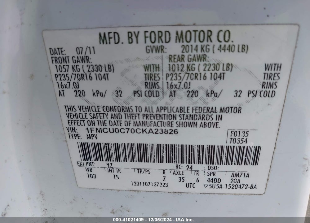 2012 FORD ESCAPE XLS VIN: 1FMCU0C70CKA23826