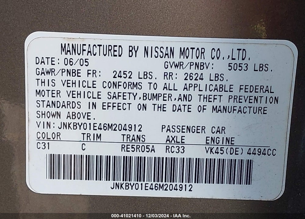 2006 INFINITI M45 VIN: JNKBY01E46M204912