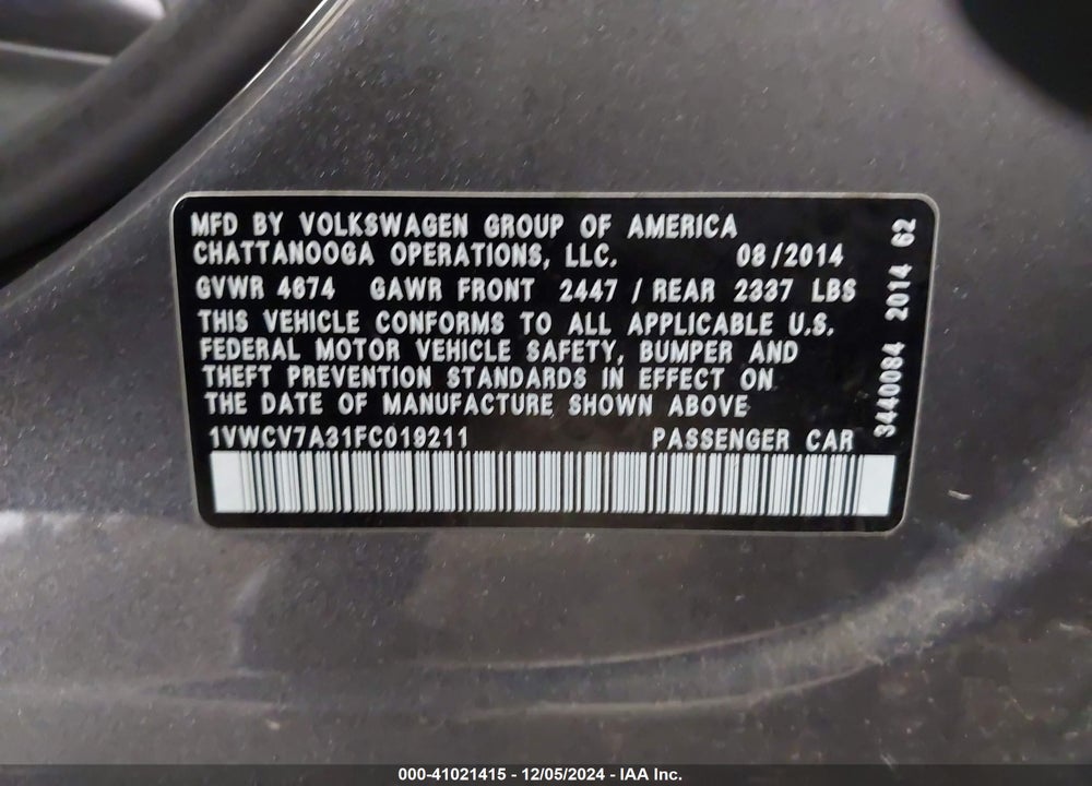 2015 VOLKSWAGEN PASSAT 2.0L TDI SEL PREMIUM VIN: 1VWCV7A31FC019211