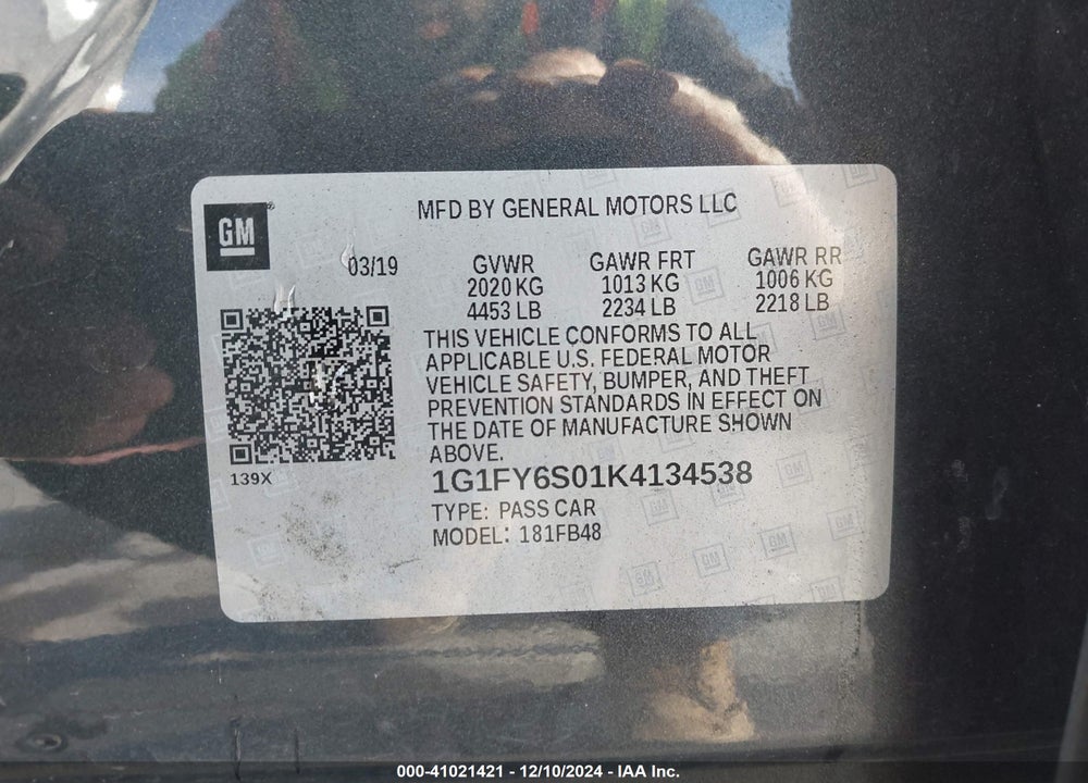 2019 CHEVROLET BOLT EV VIN: 1G1FY6S01K4134538