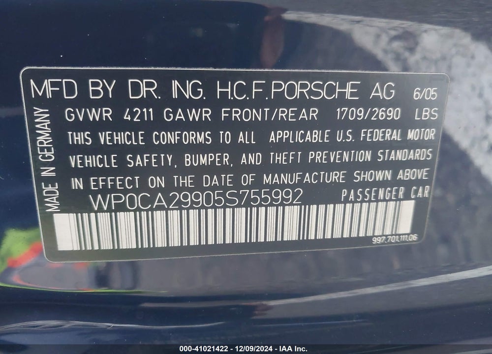 2005 PORSCHE 911 CARRERA VIN: WP0CA29905S755992