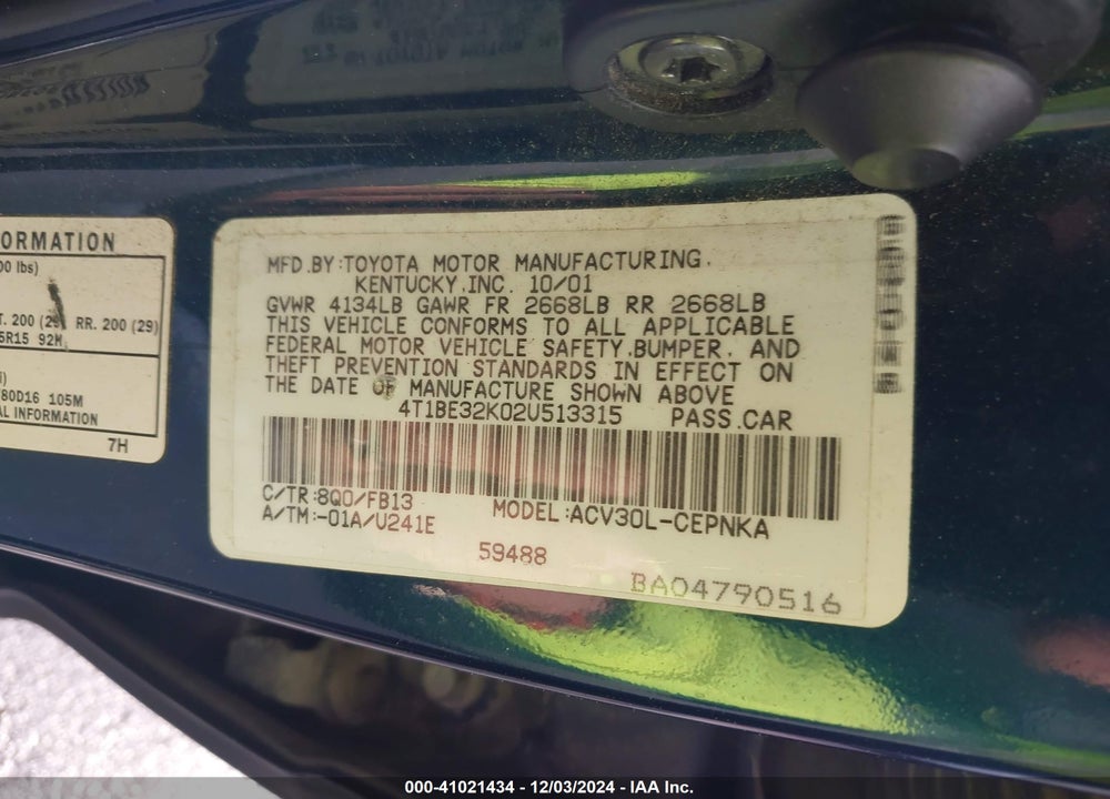 2002 TOYOTA CAMRY LE VIN: 4T1BE32K02U513315