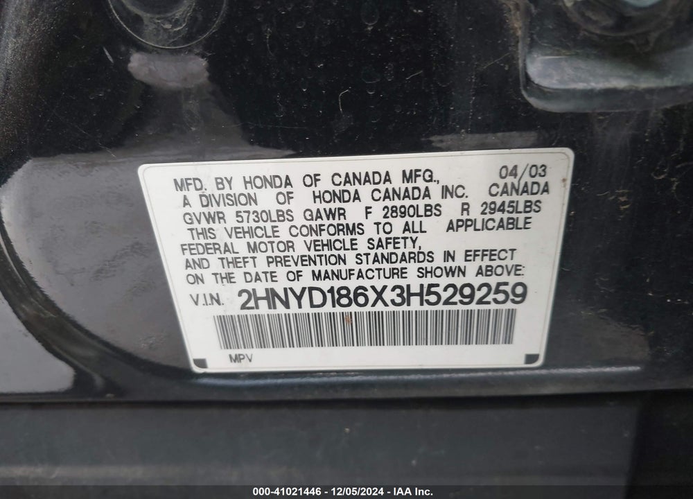 2003 ACURA MDX VIN: 2HNYD186X3H529259