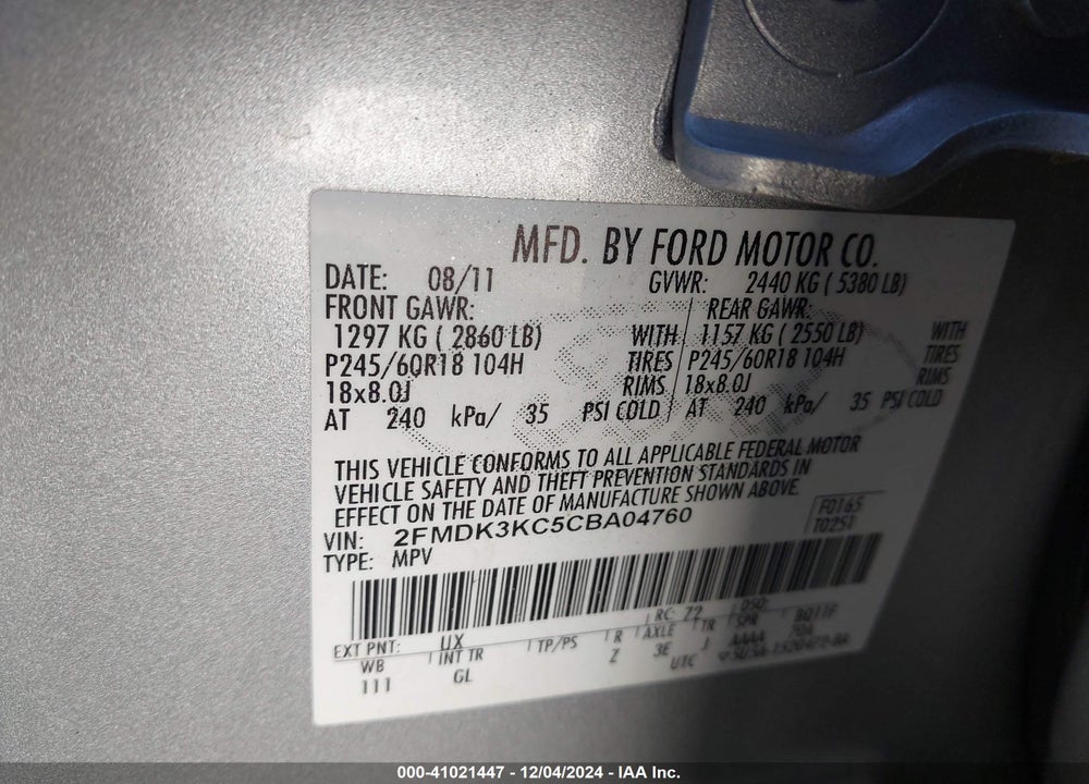 2012 FORD EDGE LIMITED VIN: 2FMDK3KC5CBA04760