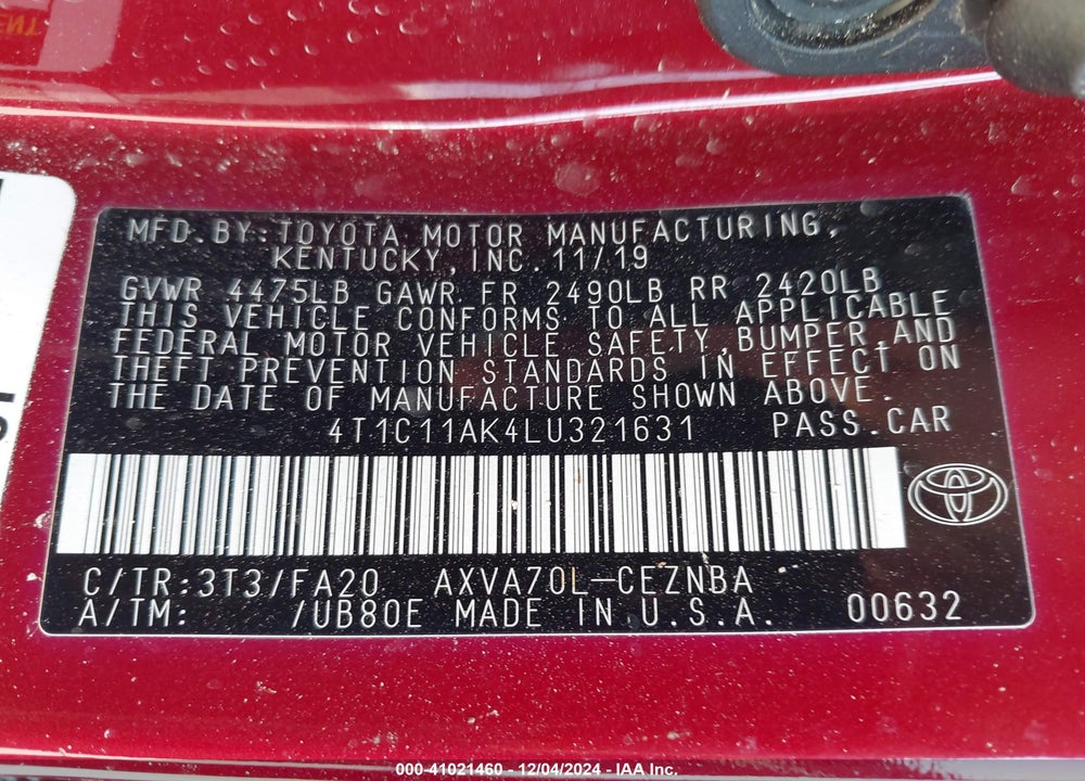 2020 TOYOTA CAMRY VIN: 4T1C11AK4LU321631