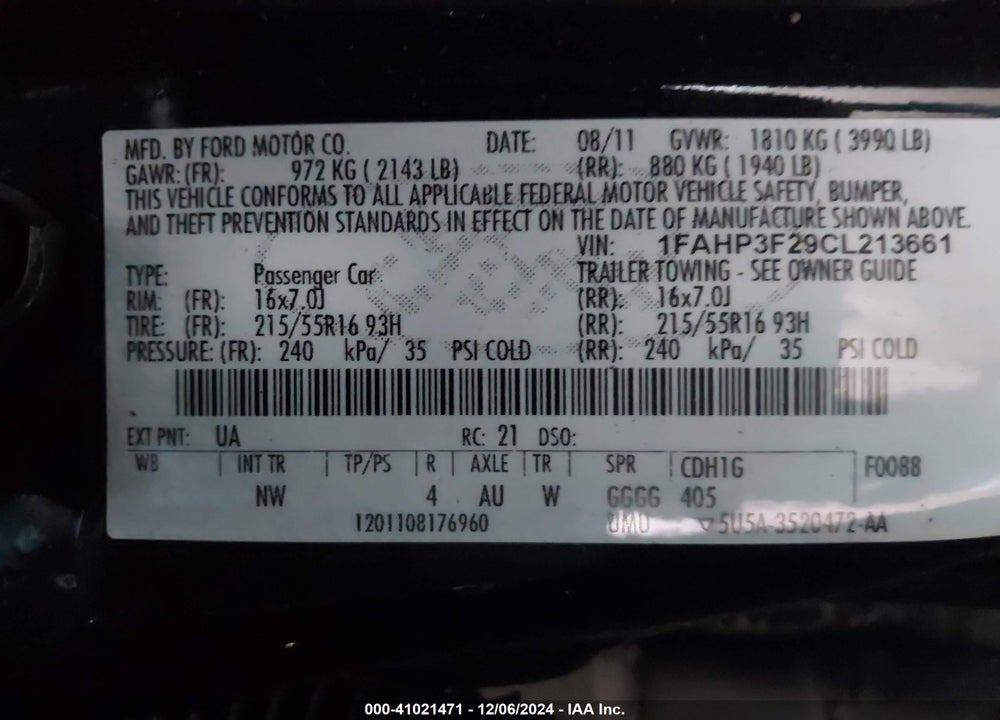 2012 FORD FOCUS SE VIN: 1FAHP3F29CL213661