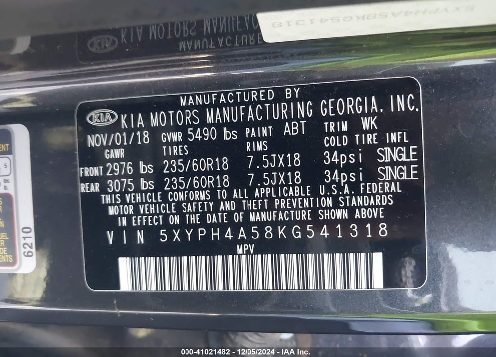 2019 KIA SORENTO 3.3L EX VIN: 5XYPH4A58KG541318