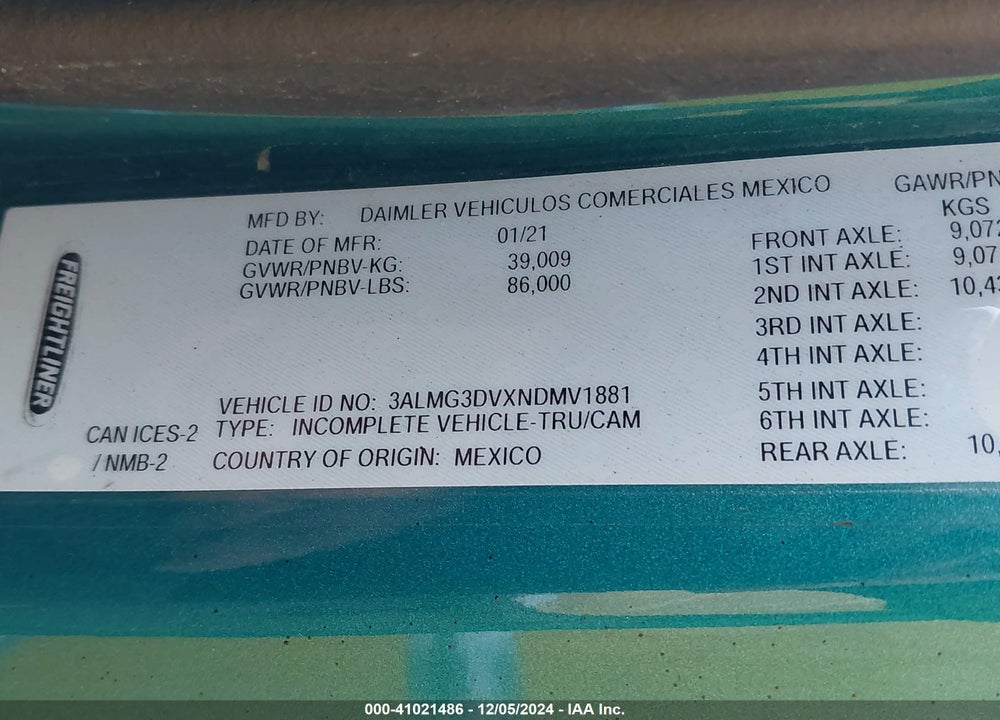 2022 FREIGHTLINER 114SD VIN: 3ALMG3DVXNDMV1881
