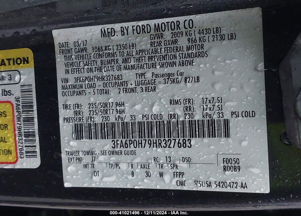 2017 FORD FUSION SE VIN: 3FA6P0H79HR327683