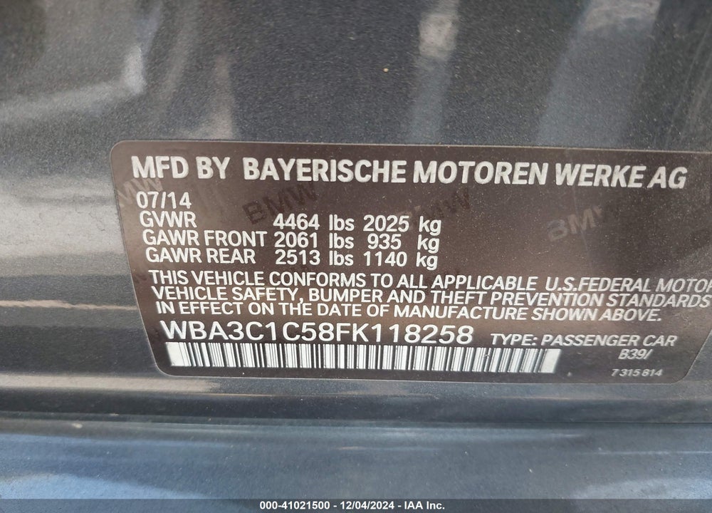 2015 BMW 328I VIN: WBA3C1C58FK118258