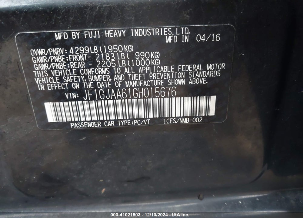 2016 SUBARU IMPREZA 2.0I VIN: JF1GJAA61GH015676