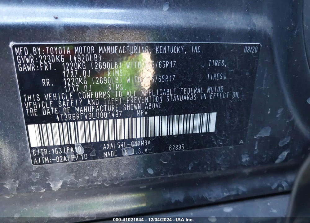2020 TOYOTA RAV4 HYBRID XLE VIN: 4T3R6RFV9LU001497