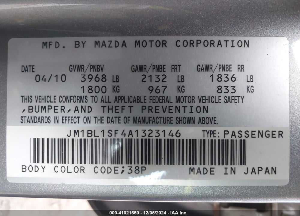2010 MAZDA MAZDA3 VIN: JM1BL1SF4A1323146