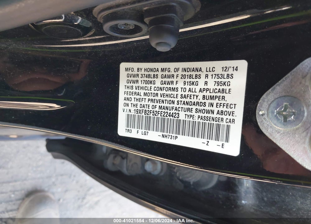 2015 HONDA CIVIC LX VIN: 19XFB2F52FE224423