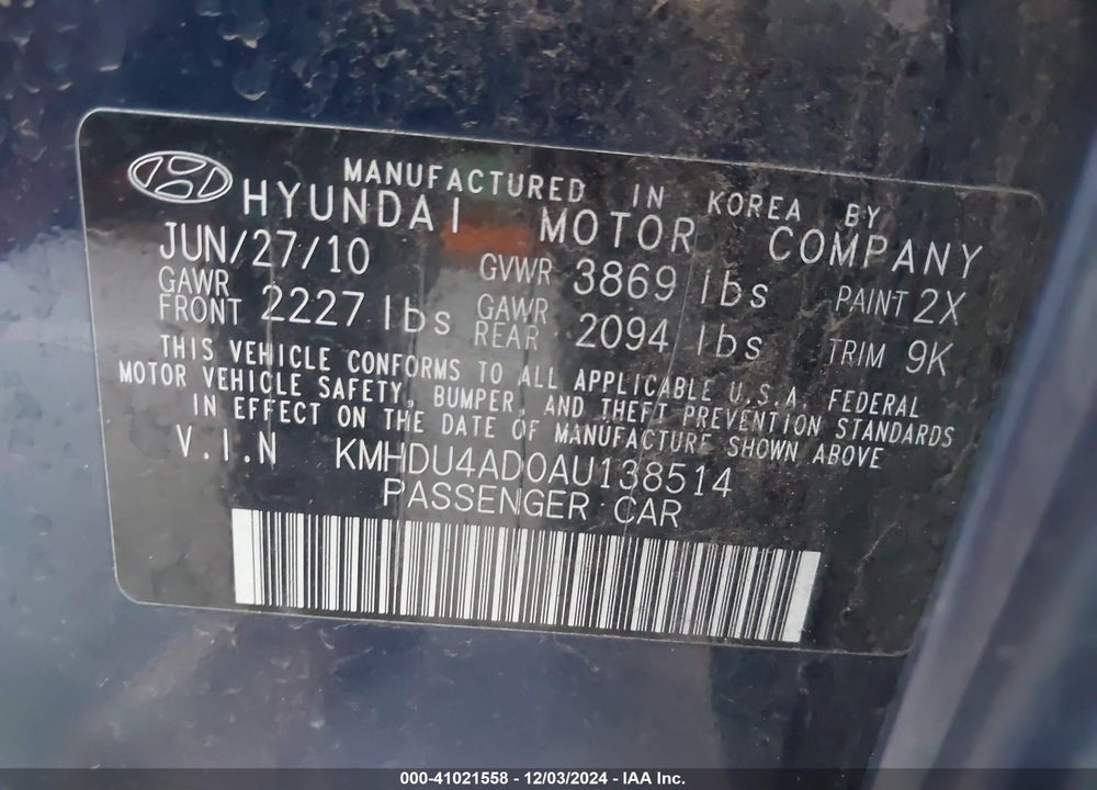2010 HYUNDAI ELANTRA VIN: KMHDU4AD0AU138514