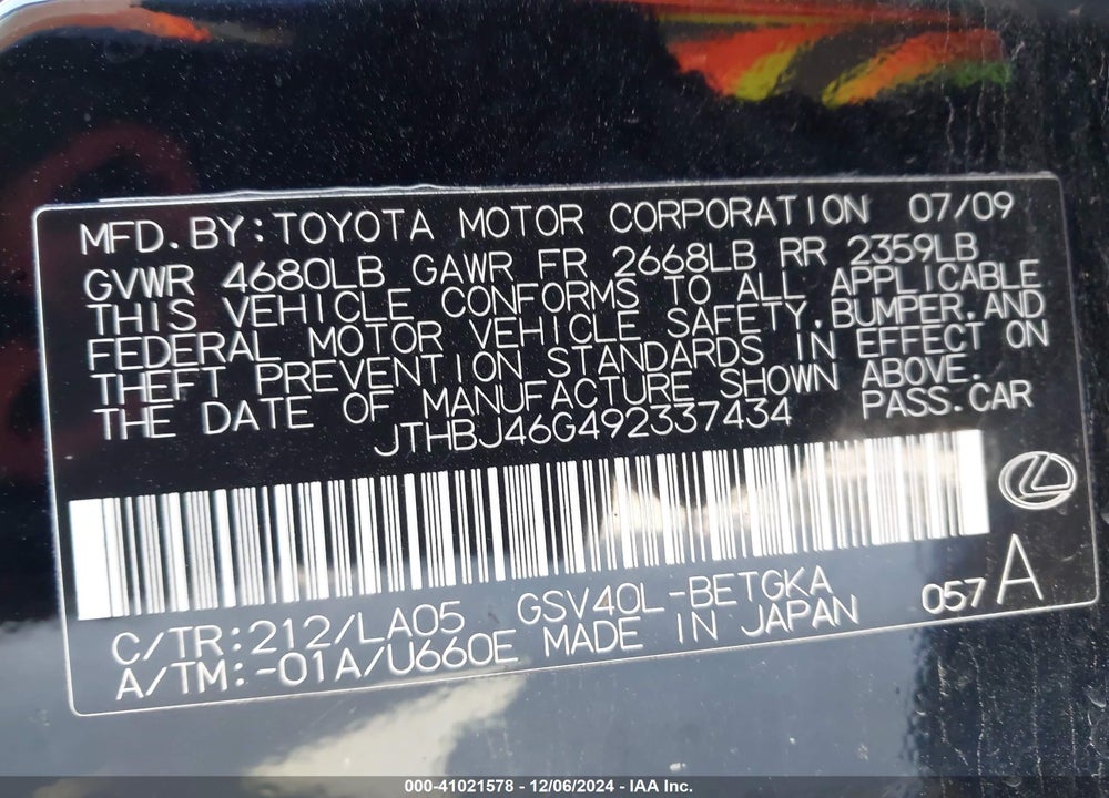2009 LEXUS ES 350 VIN: JTHBJ46G492337434