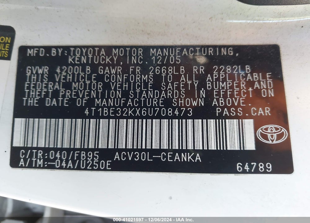 2006 TOYOTA CAMRY LE VIN: 4T1BE32KX6U708473