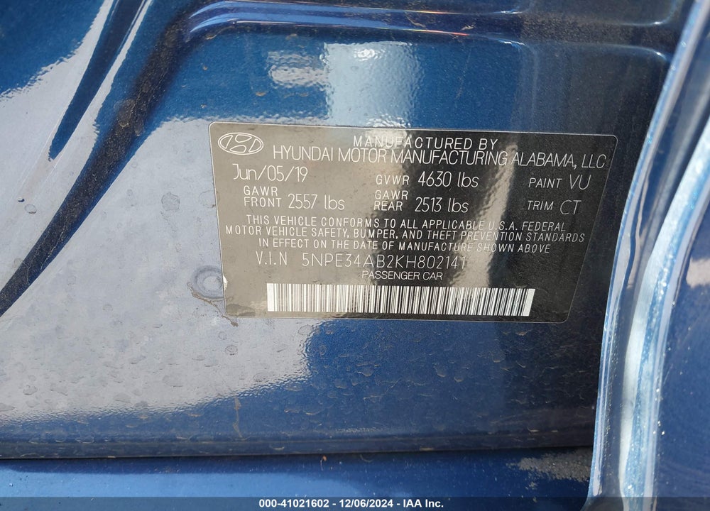 2019 HYUNDAI SONATA LIMITED 2.0T VIN: 5NPE34AB2KH802141