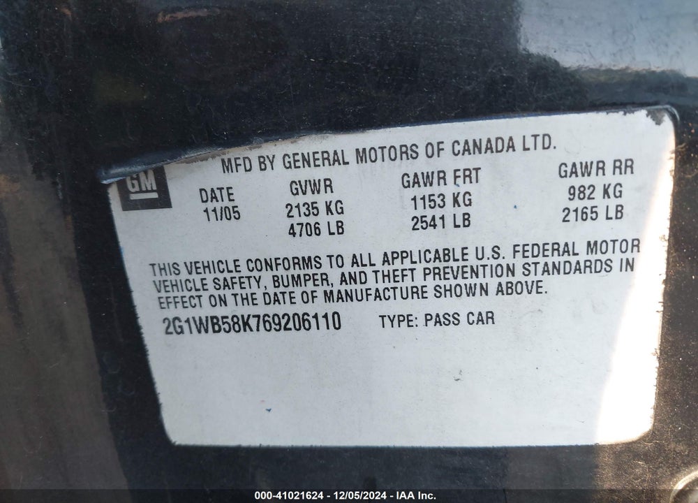 2006 CHEVROLET IMPALA LS VIN: 2G1WB58K769206110
