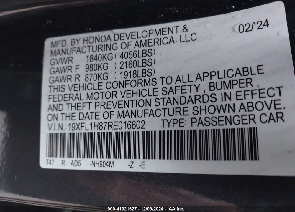 2024 HONDA CIVIC SPORT TOURING VIN: 19XFL1H87RE016802