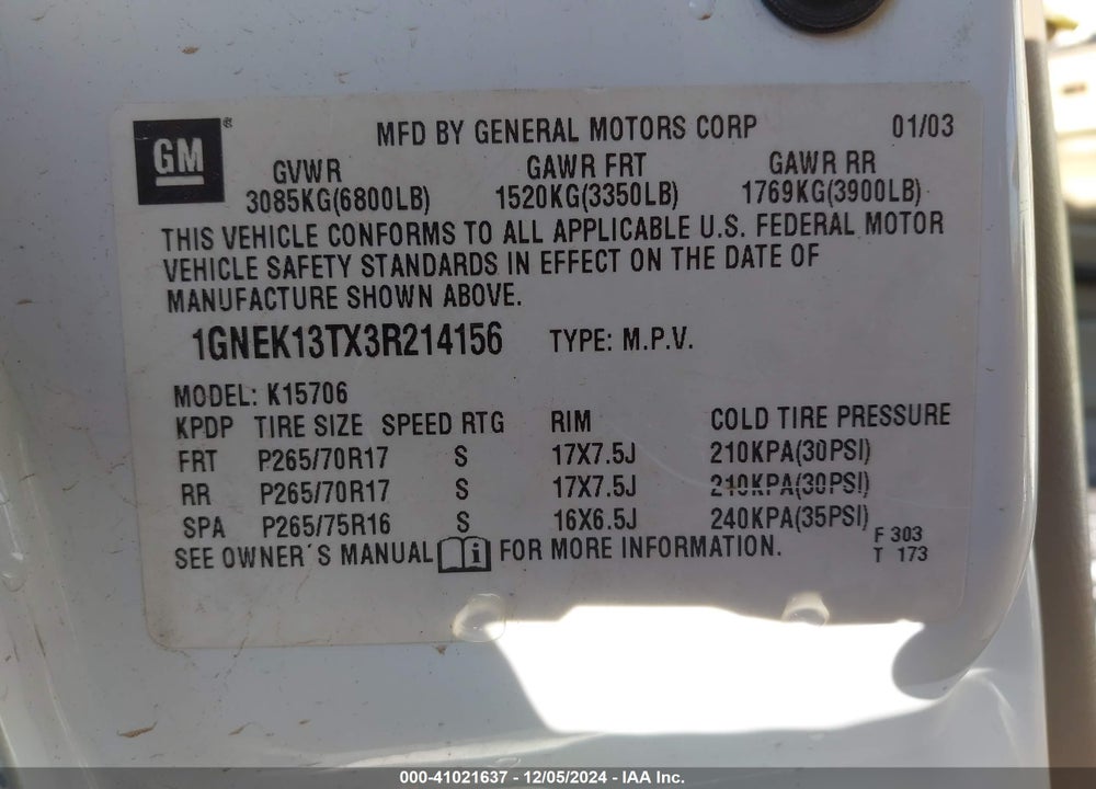 2003 CHEVROLET TAHOE Z71 VIN: 1GNEK13TX3R214156