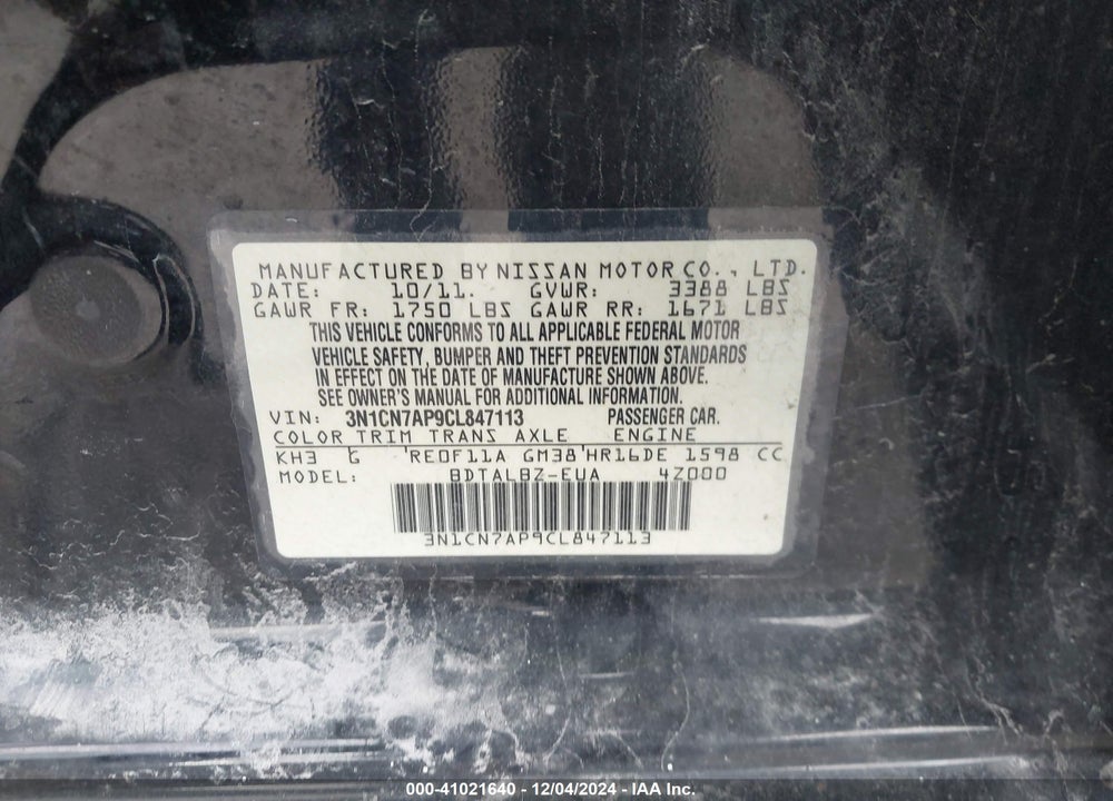2012 NISSAN VERSA 1.6 SV VIN: 3N1CN7AP9CL847113
