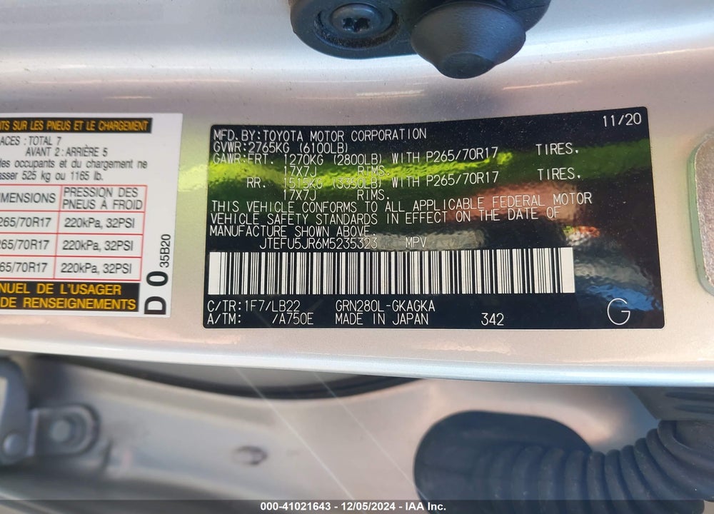 2021 TOYOTA 4RUNNER SR5 PREMIUM VIN: JTEFU5JR6M5235323