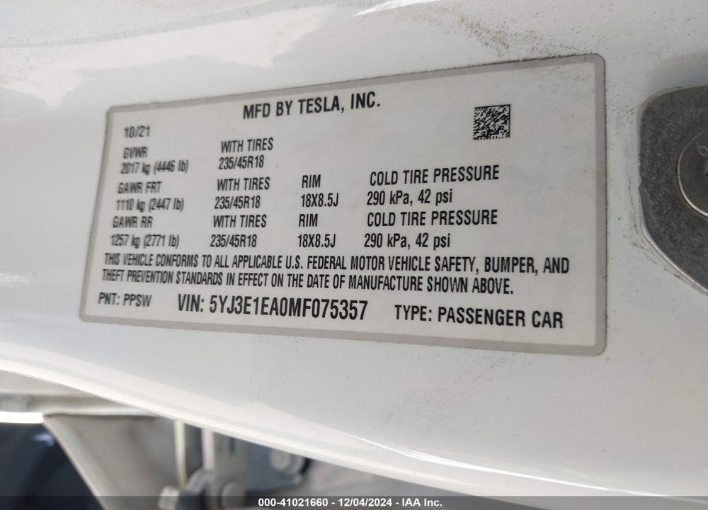 2021 TESLA MODEL 3 STANDARD RANGE PLUS REAR-WHEEL DRIVE VIN: 5YJ3E1EA0MF075357