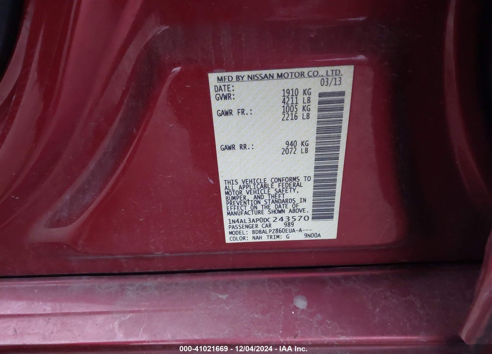 2013 NISSAN ALTIMA 2.5 VIN: 1N4AL3AP0DC243570