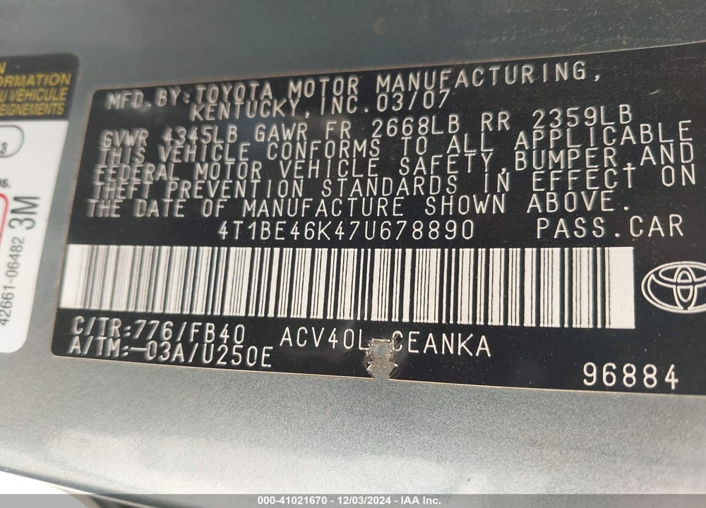 2007 TOYOTA CAMRY LE VIN: 4T1BE46K47U678890