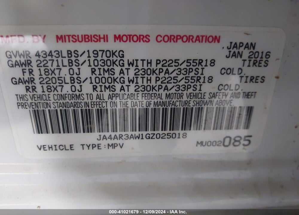 2016 MITSUBISHI OUTLANDER SPORT 2.4 ES VIN: JA4AR3AW1GZ025018