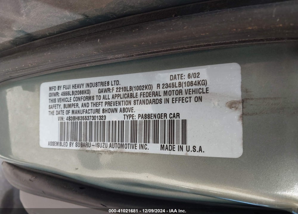 2003 SUBARU LEGACY L/L W/SPECIAL EDITION PACKAGE VIN: 4S3BH635537301323