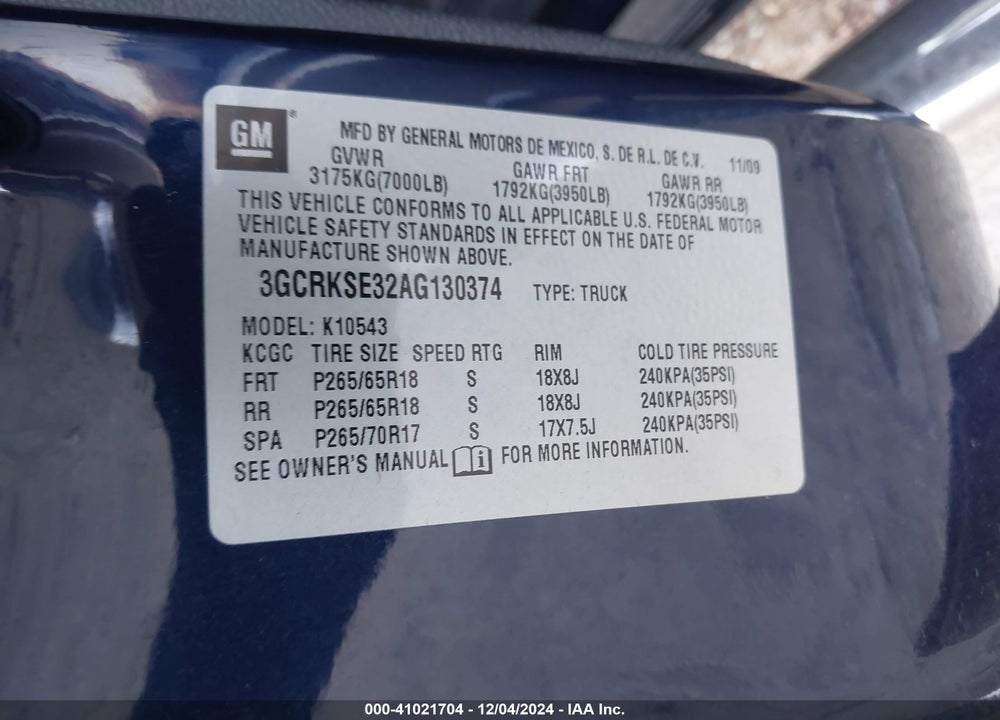 2010 CHEVROLET SILVERADO 1500 LT VIN: 3GCRKSE32AG130374