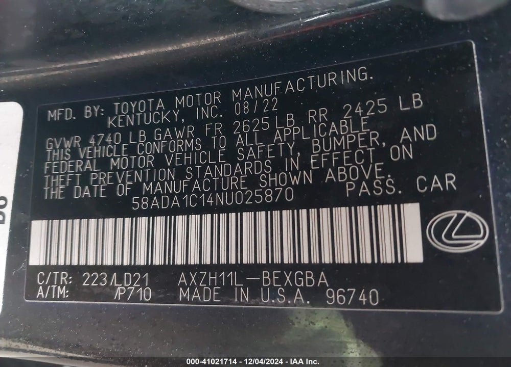 2022 LEXUS ES 300H VIN: 58ADA1C14NU025870
