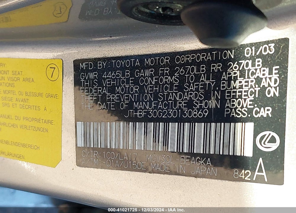 2003 LEXUS ES 300 VIN: JTHBF30G230130869