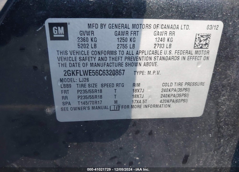 2012 GMC TERRAIN VIN: 2GKFLWE56C6320867