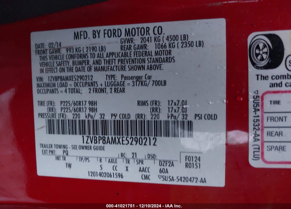 2014 FORD MUSTANG V6 VIN: 1ZVBP8AMXE5290212