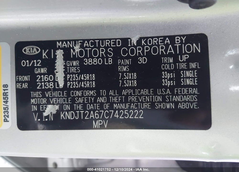 2012 KIA SOUL VIN: KNDJT2A67C7425222