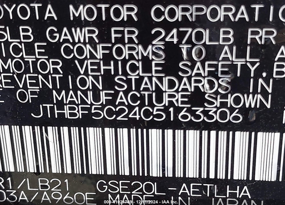 2012 LEXUS IS 250 VIN: JTHBF5C24C5163306