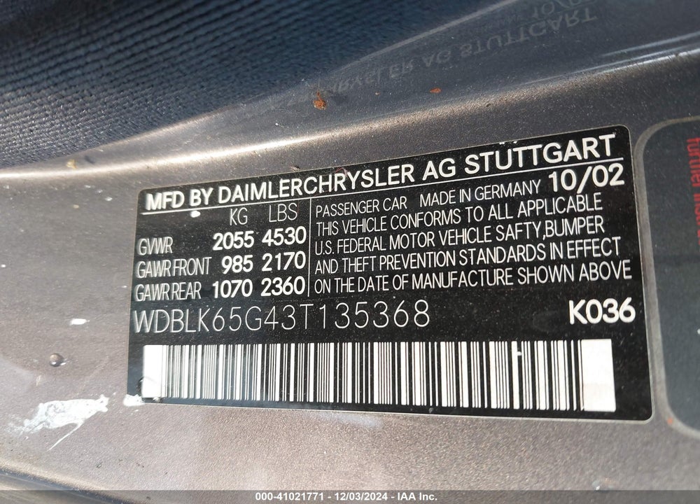 2003 MERCEDES-BENZ CLK 320 VIN: WDBLK65G43T135368